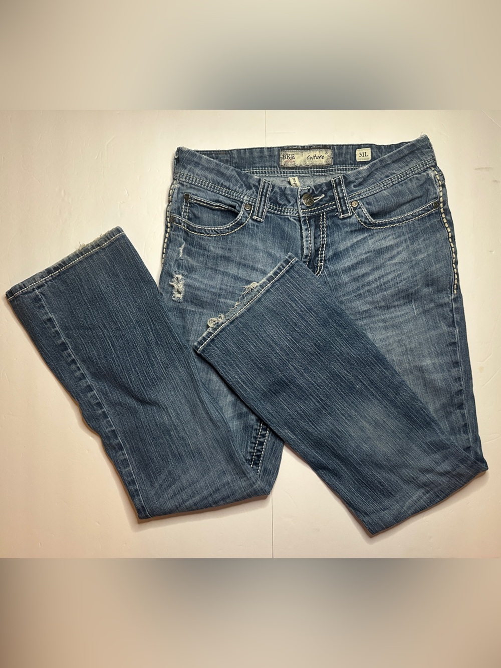 Y2K BKE Women's Distressed Mid Rise Boot Cut Jeans 31L